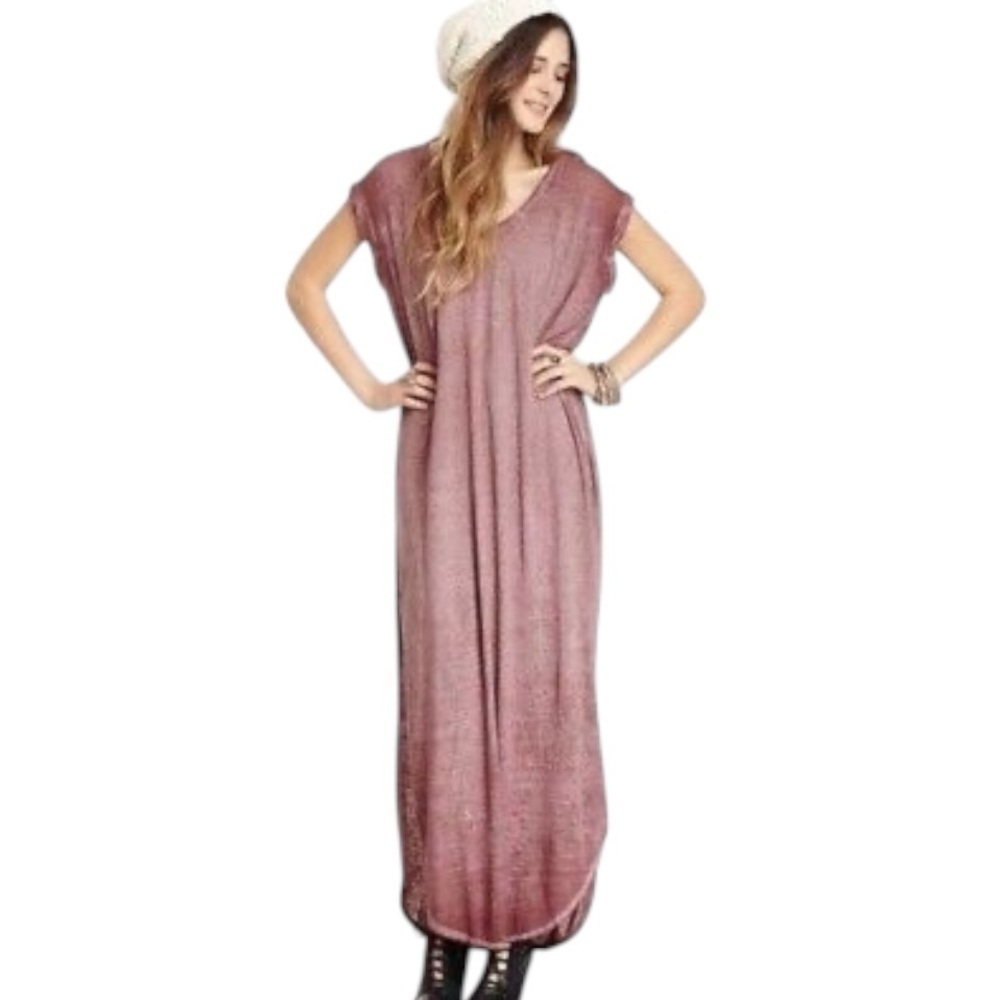 Free People Beach Keep Me Purple Red Semi-Sheer Boho Maxi Tee Shirt Dress